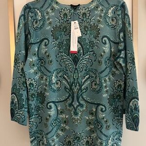 Talbots Teal and Green Floral Cashmere Sweater